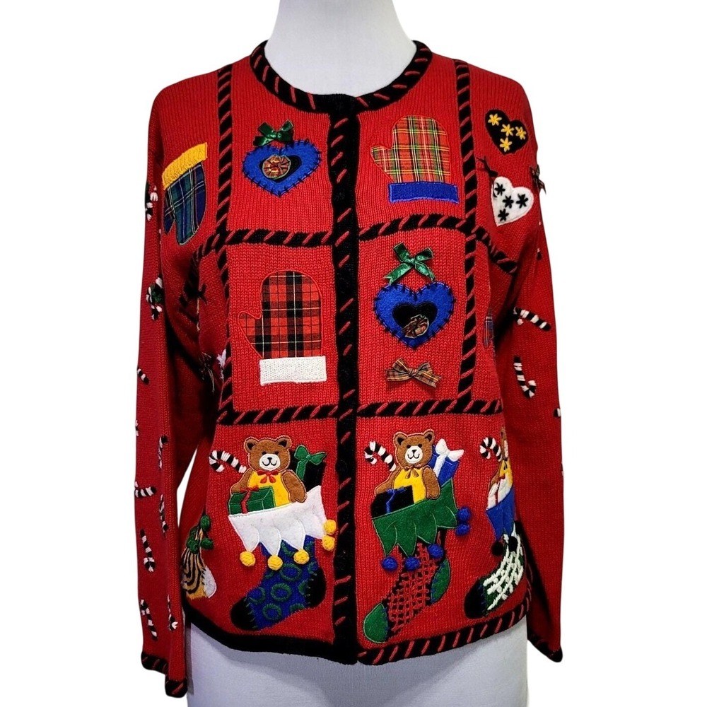 Designers Originals Studio Red Ugly‎ Christmas Sweater Cardigan Teddy Bear Large